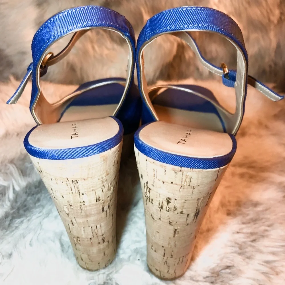 TAHARI “Misha” Blue Cork & Canvas Platform Slingback Heels